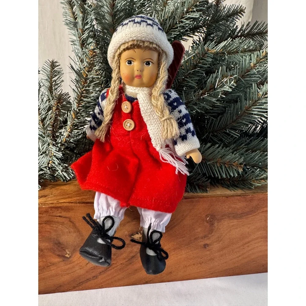 Vtg Bisque Scandinavian Girl Doll Norway Christmas Red Dress Knit Cap Wood Skiis